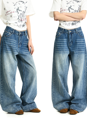 BTSG 美式巴黎扣设计口袋星星印花牛仔裤baggy版型宽松阔腿裤子男