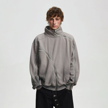 BTSG小众水洗渐变做旧立体解构环绕拉链卫衣廓形不规则立领夹克男