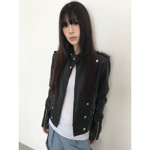 小众铆钉正肩立领机车皮衣外套