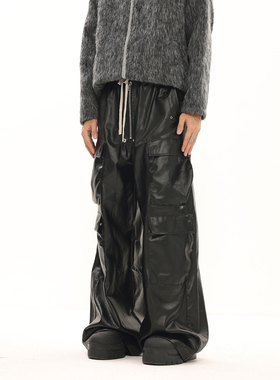 BTSG美式复古RO风亮面涂层多口袋抽绳宽松阔腿拖地工装皮裤休闲裤