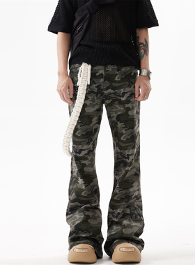 BTSG美式复古破坏迷彩微喇工装裤vibe街头男女修身显瘦休闲长裤潮