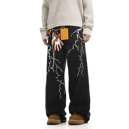 BTSG美式复古小众荆棘刺绣闪电洗水牛仔裤街头感宽松阔腿潮流长裤