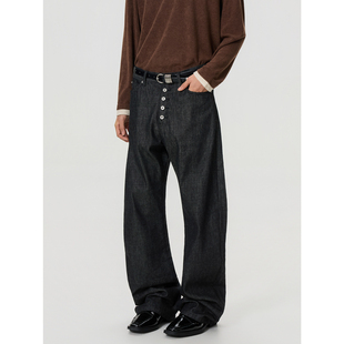 男街头宽松直筒阔腿牛仔裤 复古baggy立体明扣原牛弯刀裤 美式 BTSG