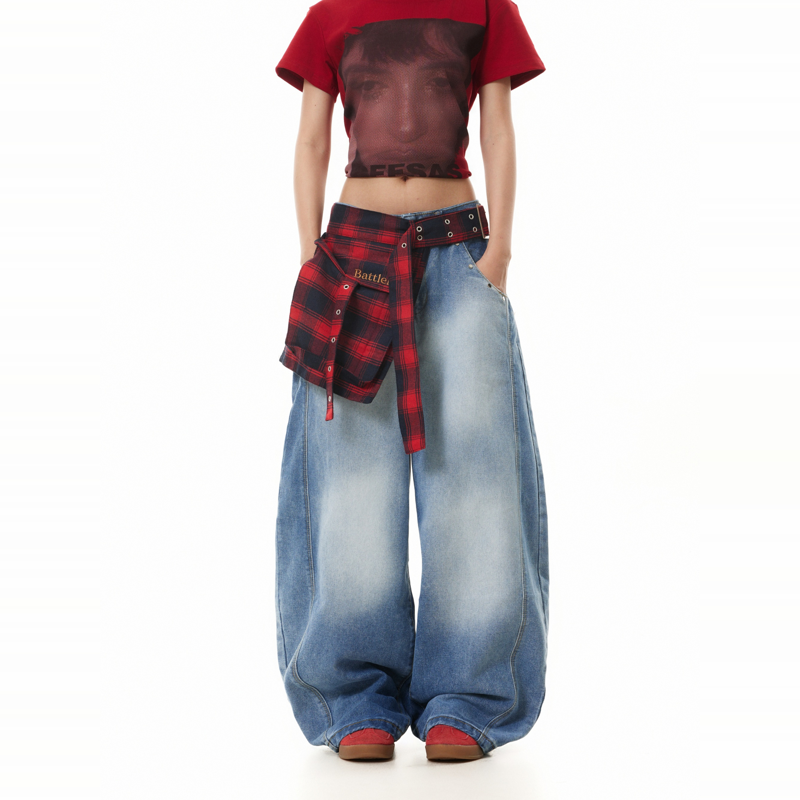 美式复古假两件格纹弯刀牛仔裤