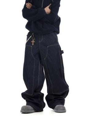BTSG小众嘻哈街头原浆丹宁廓形原牛仔裤美式baggy宽松阔腿拖地裤