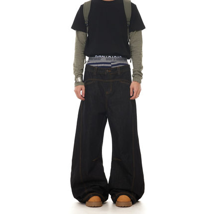 BTSG美式复古A字明线解构原色弯刀牛仔裤Cleanfit宽松阔腿长裤男