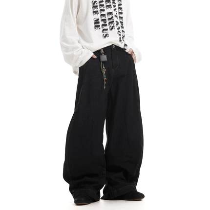 BTSG美式复古原浆丹宁水洗加绒阔腿弯刀裤小众设计感宽松牛仔裤男