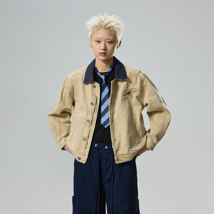 BTSG美式复古撞色领底特律工装外套Cleanfit水洗做旧挺阔短宽夹克