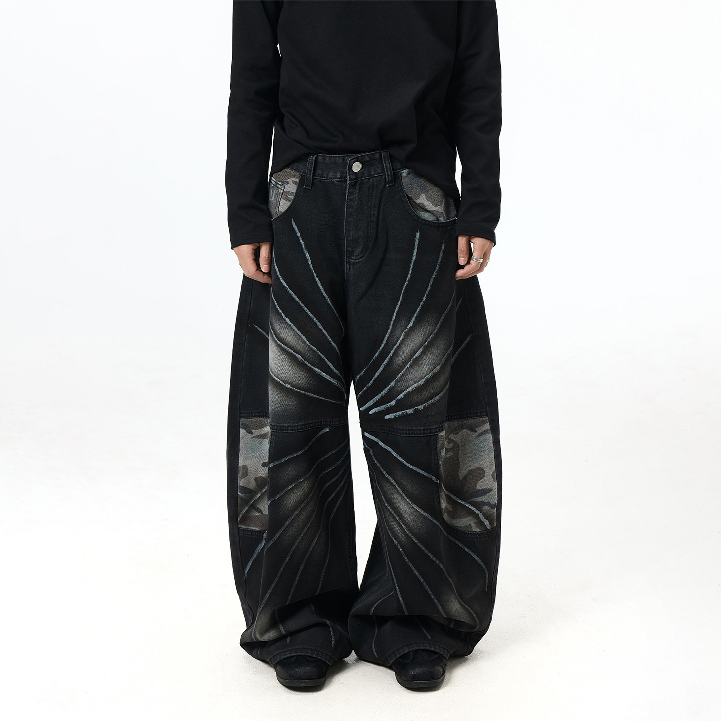 BTSG复古洗水做旧涂鸦拼接迷彩baggy牛仔裤宽松阔腿美式弯刀裤子,男装,牛仔裤,淘宝优惠券,粉丝福利购,淘宝优惠卷