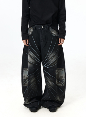 BTSG复古洗水做旧涂鸦拼接迷彩baggy牛仔裤宽松阔腿美式弯刀裤子