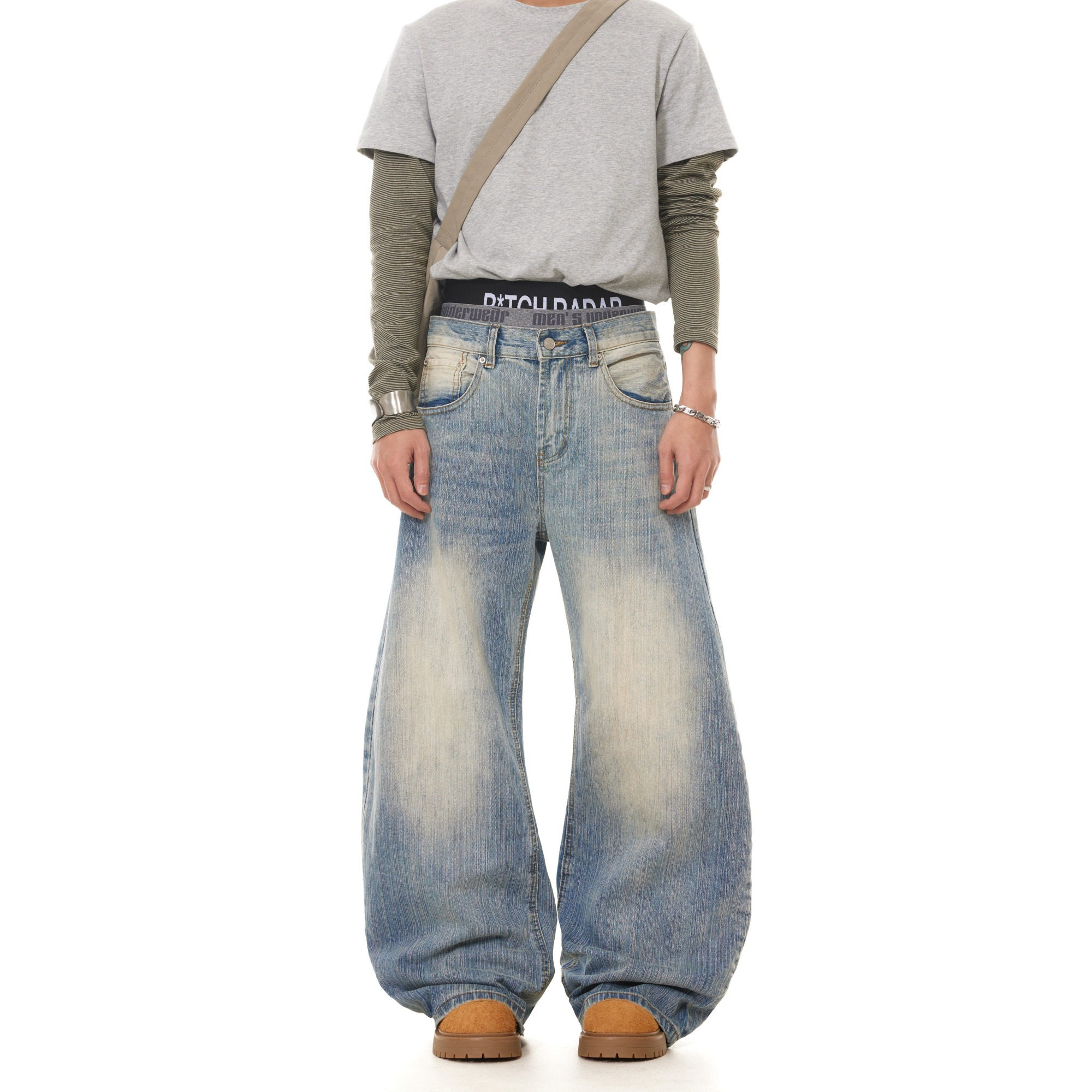 BTSG美式复古水洗竹节纹设计感弯刀牛仔裤Cleanfit宽松微喇长裤男,男装,牛仔裤,淘宝优惠券,粉丝福利购,淘宝优惠卷