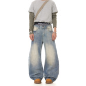 Cleanfit宽松微喇长裤 BTSG美式 复古水洗竹节纹设计感弯刀牛仔裤 男