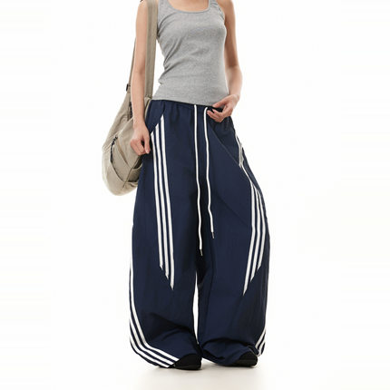 BTSG美式复古三条杠条纹弯刀运动裤百搭男女宽松阔腿休闲伞兵裤潮
