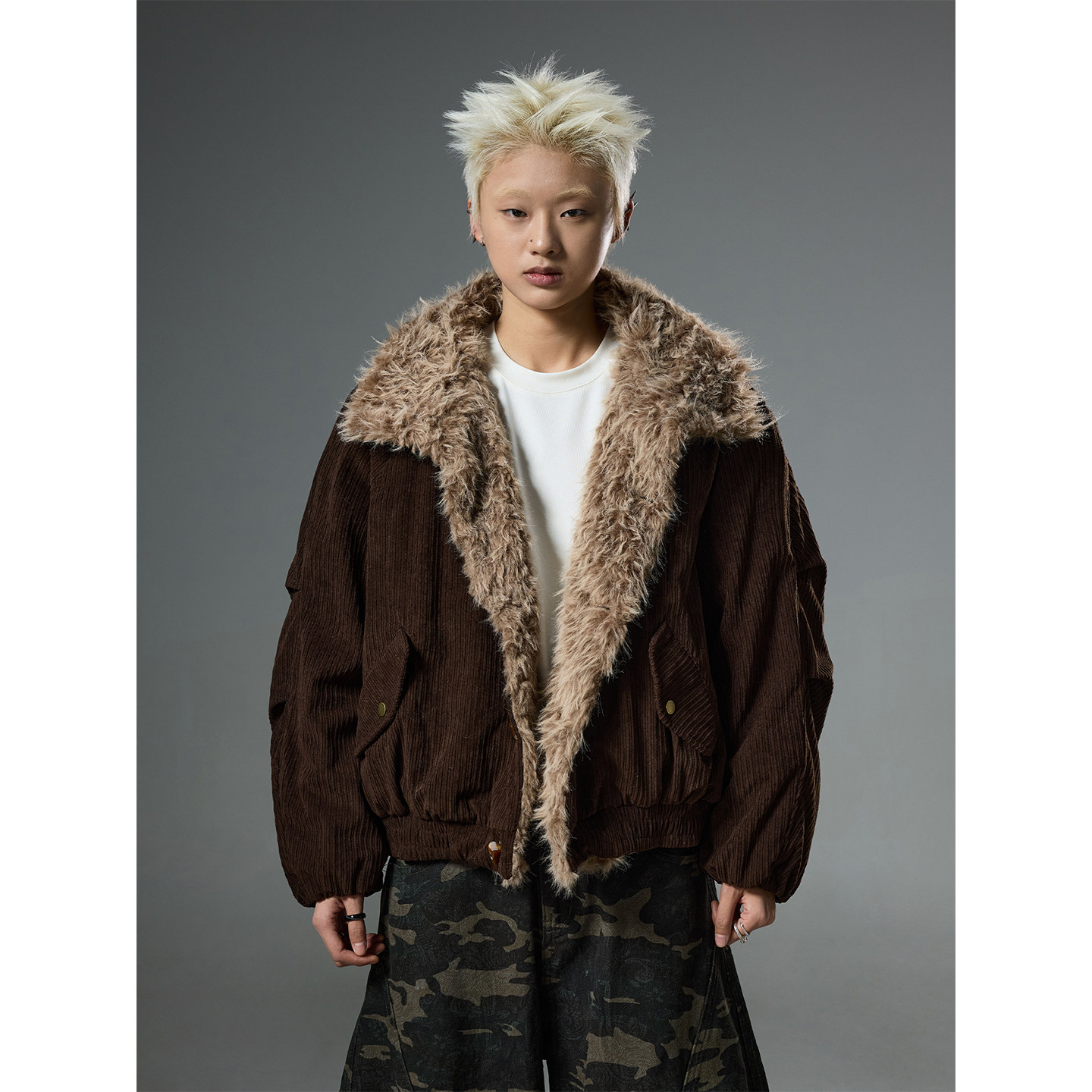 美式复古灯芯绒翻毛领座山雕棉服