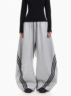 BTSG美式复古简约三条杠阔腿弯刀卫裤baggy重磅宽松运动休闲裤子