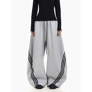 子 baggy重磅宽松运动休闲裤 BTSG美式 复古简约三条杠阔腿弯刀卫裤