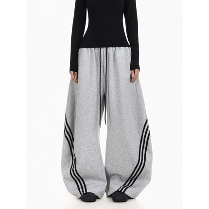 BTSG美式复古简约三条杠阔腿弯刀卫裤baggy重磅宽松运动休闲裤子