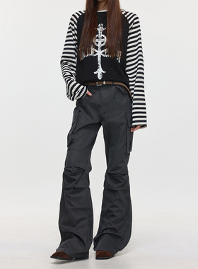 BTSG美式复古Vibe褶皱微喇工装裤小众设计感多口袋修身显高休闲裤