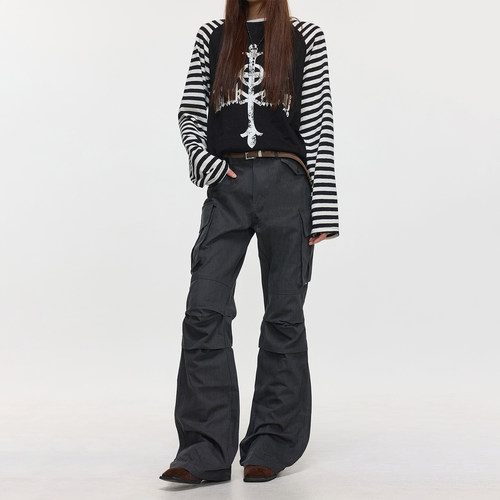 美式复古Vibe褶皱微喇工装裤