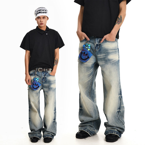 自然水洗蜂窝猫须A字型牛仔裤