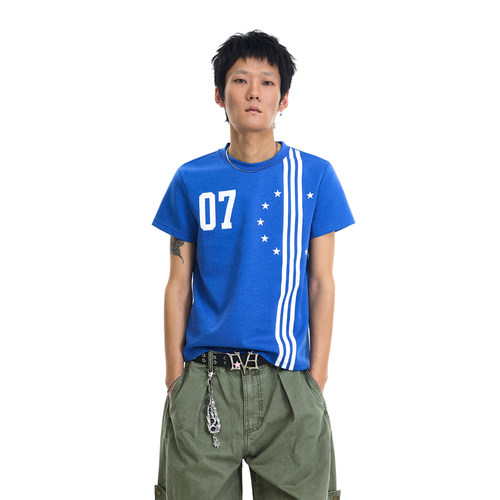 美式星星线条数字印花短袖T恤