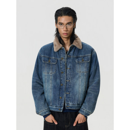 BTSG/美式复古内里加绒羊羔毛领牛仔外套Cleanfit氛围感工装夹克