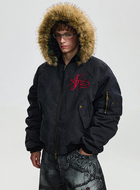 BTSG“可拆卸帽子毛领”重磅美式刺绣迷彩座山雕连帽夹克棉服外套