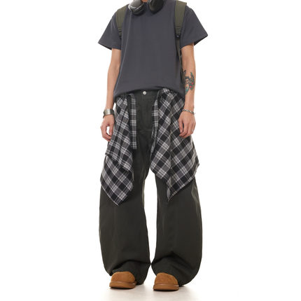 BTSG美式复古可拆卸格纹裙摆廓形弯刀工装裤boxy街头层次感休闲裤