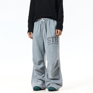复古设计感男女百搭休闲裤 BTSG美式 街头字母印花褶皱加绒保暖卫裤