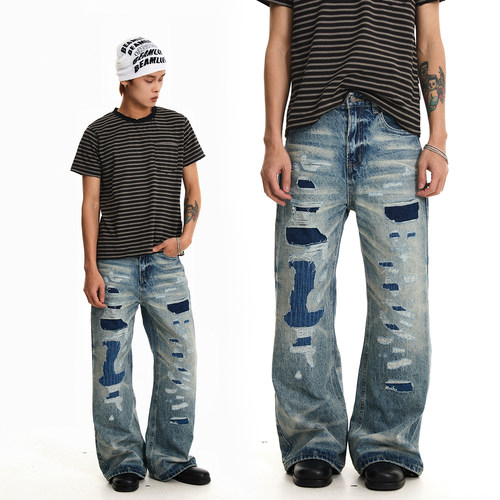 经典646补丁乱针水洗雪花牛仔裤