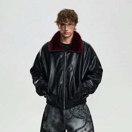 BTSG冬季廓形PU皮衣毛领夹克座山雕Cleanfit高级感防风保暖外套男