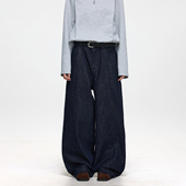 BTSG复古高级无腰头设计原色牛仔裤 Cleanfit不掉色水洗深蓝色裤 子