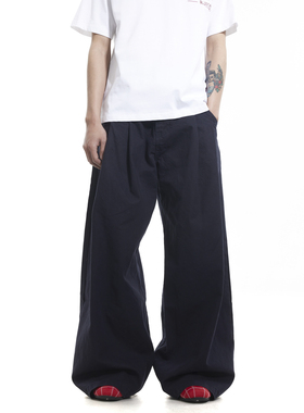 BTSG美式复古藏蓝色褶皱廓形弯刀工装裤Cleanfit高级感阔腿休闲裤