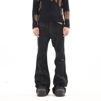 BTSG美式复古RO风涂层飘带微喇牛仔裤小众嘻哈弹力阔腿拖地长裤男