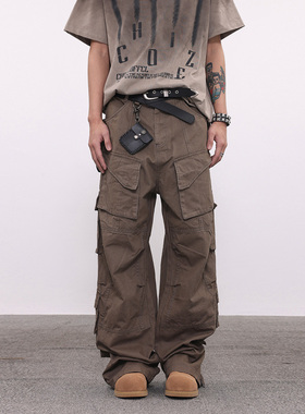 BTSG*美式复古重工多口袋拉链阔腿工装裤小众Cleanfit机能微喇裤