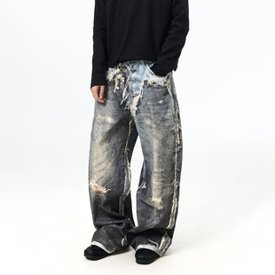 baggy街头感宽松阔腿裤 打印假两件牛仔裤 VINTAGE破坏3D数码 BTSG