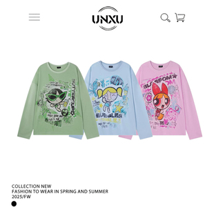 卡通印花长袖 UNXU 飞天小女警 美式 T恤女春秋宽松休闲斜肩罩衫