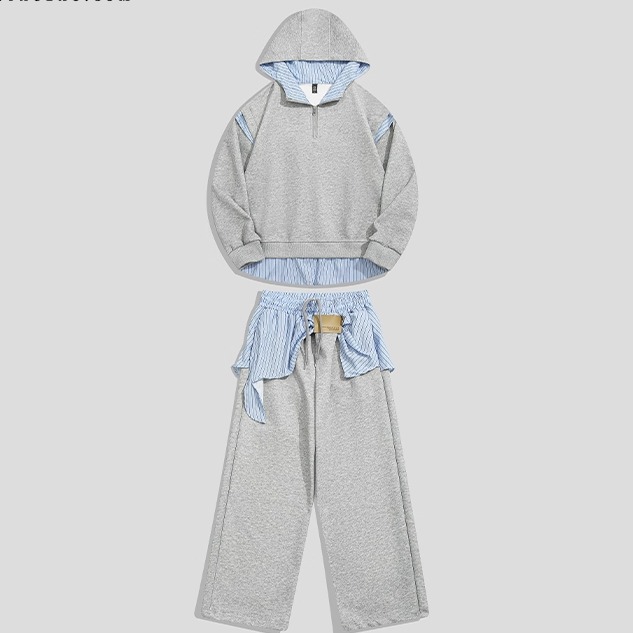 UNXU美式休闲运动连帽假两件卫衣套装男女情侣春秋拼接运动两件套