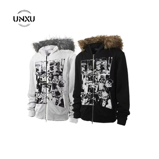 UNXU美式摇滚乐队vintage印花长毛领修身连帽拉链开衫卫衣外套男