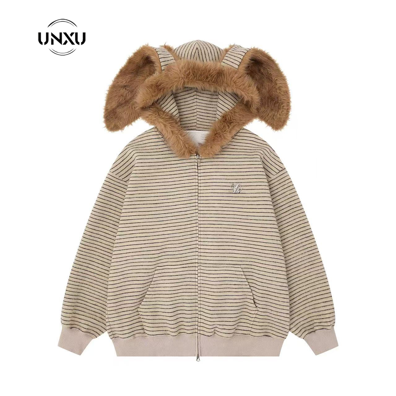 UNXU慵懒风兔耳开衫连帽毛领可拆卸条纹卫衣情侣秋冬加绒宽松外套