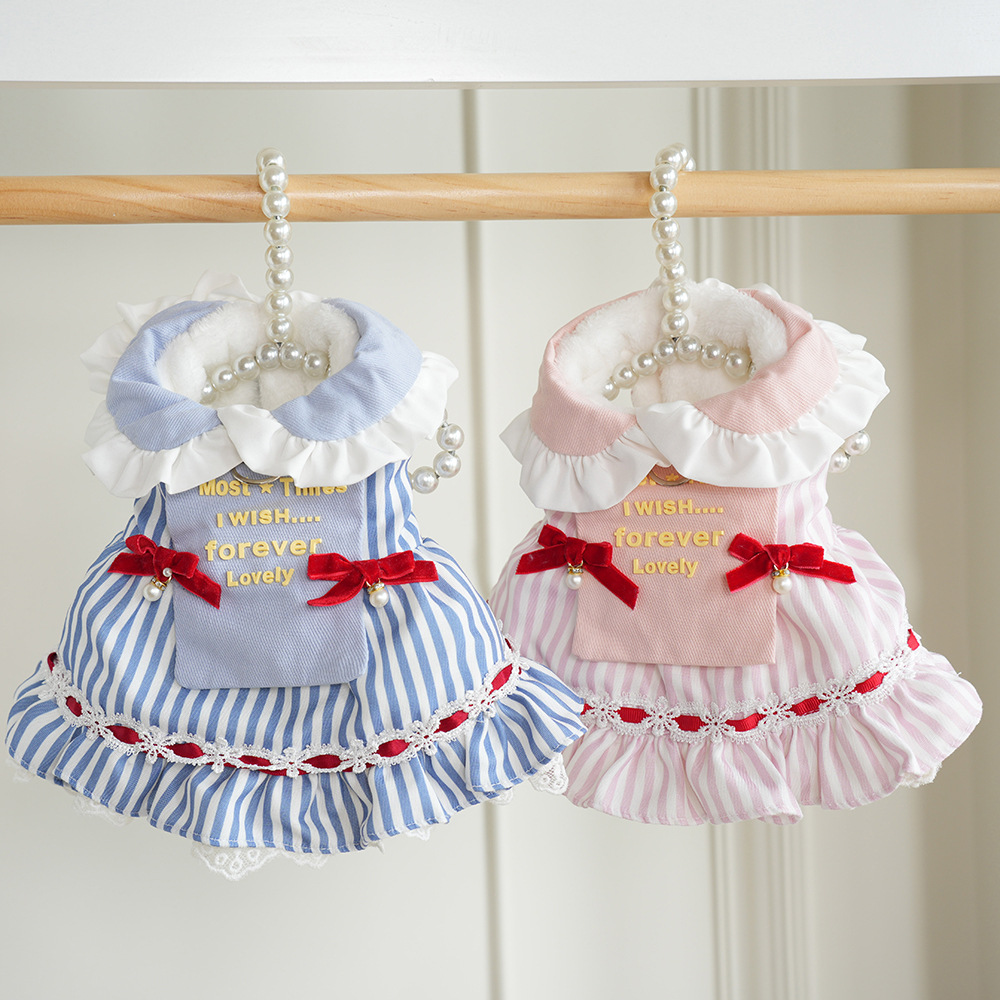 宠物狗衣服秋冬可爱小狗衣条纹水手裙中小型犬衣保暖服猫咪可爱裙