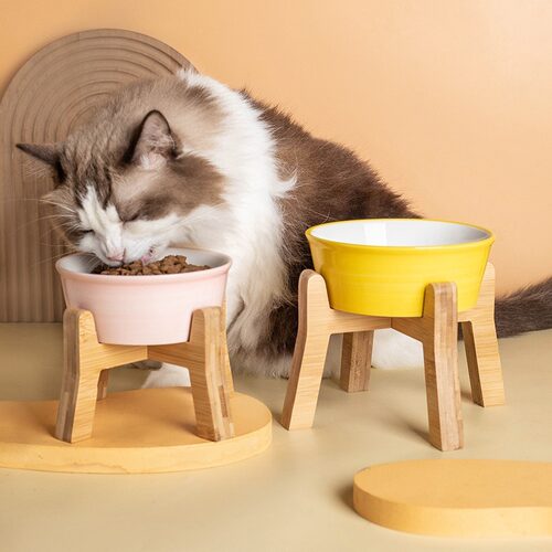 猫碗陶瓷宠物碗护颈椎猫食盆猫粮碗狗盆饮水碗带碗架木架加高狗碗