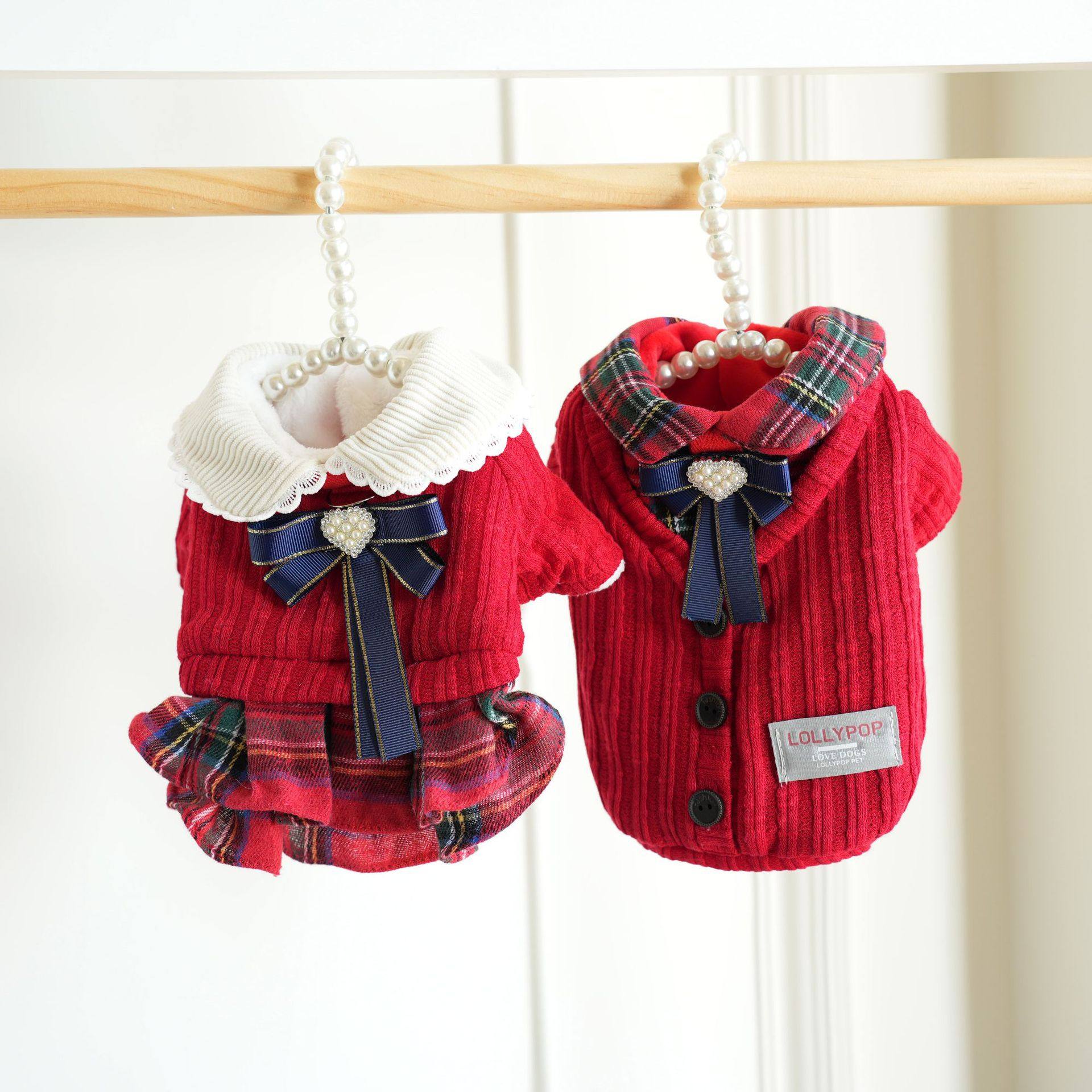 棒棒糖宠物猫咪狗狗衣服秋冬新款裙子棉衣大红学院套装泰迪两脚衣
