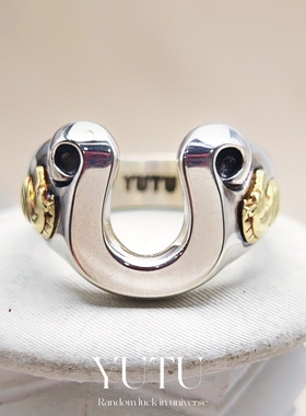 原创设计S925银黄铜拼色马蹄铁马头戒指个性百搭