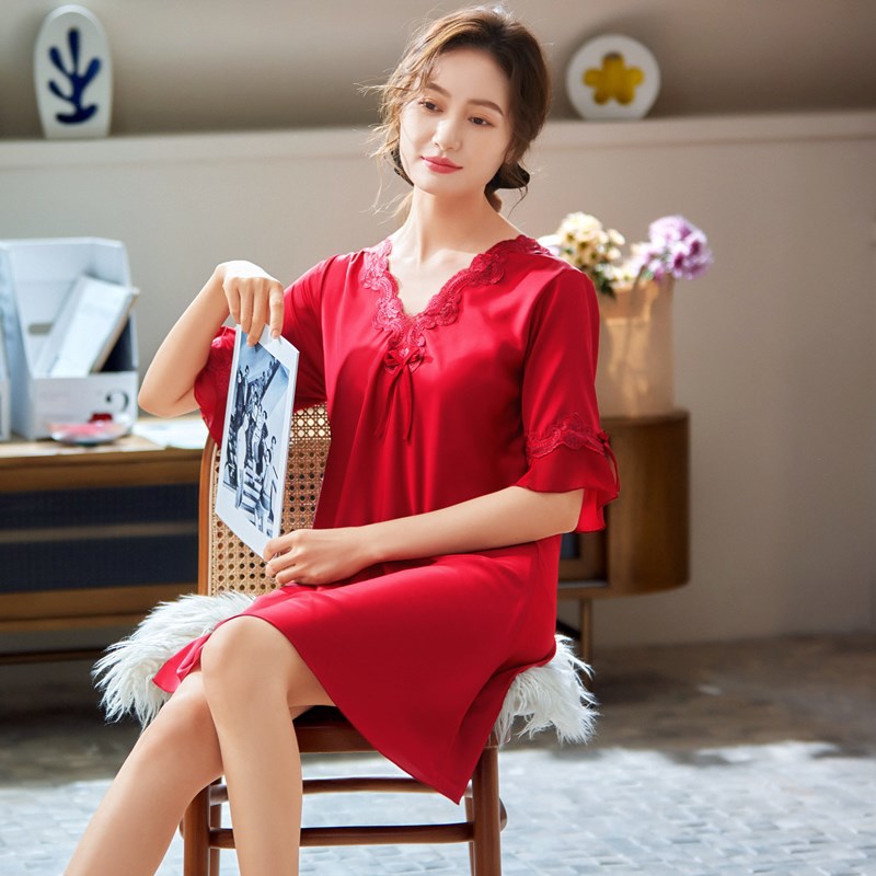 桑蚕丝红色睡裙女真丝短袖薄款