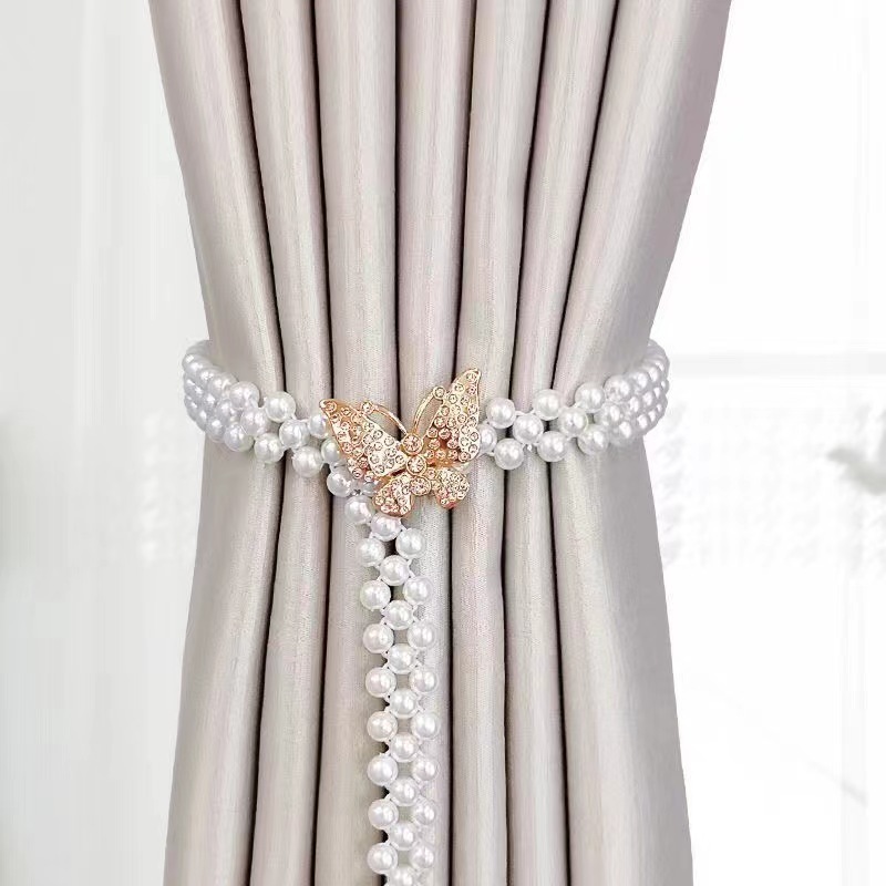 窗帘轻奢绑带珍珠镶钻免打孔窗帘扣子弹簧窗帘夹北欧收拢束带扎带