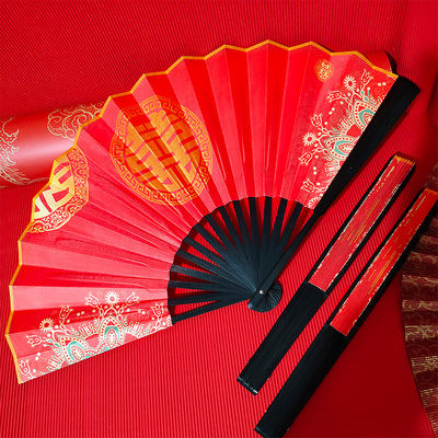 中国风10寸烫印折扇手工绢布头青竹