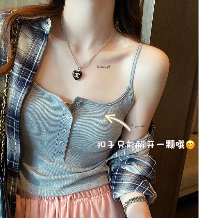 纯欲辣妹纽扣细吊带美背背心带胸垫裹胸修身显瘦外穿打底短款上衣