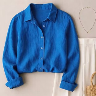 高级感慵懒爆款 克莱因蓝长袖 2026新款 女春季 衬衣外套上衣 棉麻衬衫