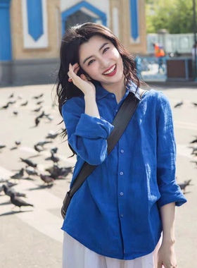 高级感棉麻衬衫女早春款法式克莱因蓝色棉质衬衣高端外搭长袖上衣